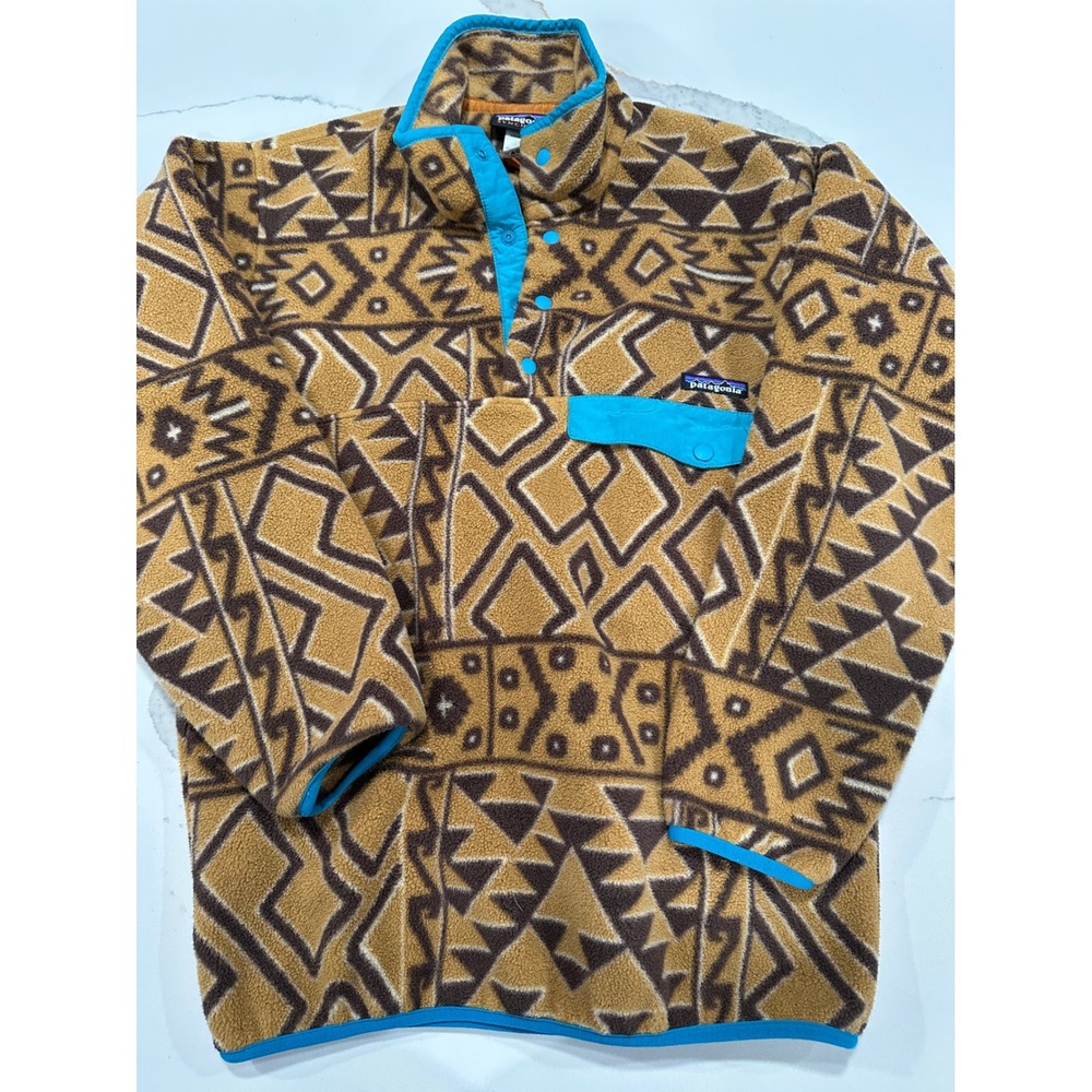 Patagonia Synchilla Snap-T Fleece Pullover Mens XS Tan Brown Geometric Tribal